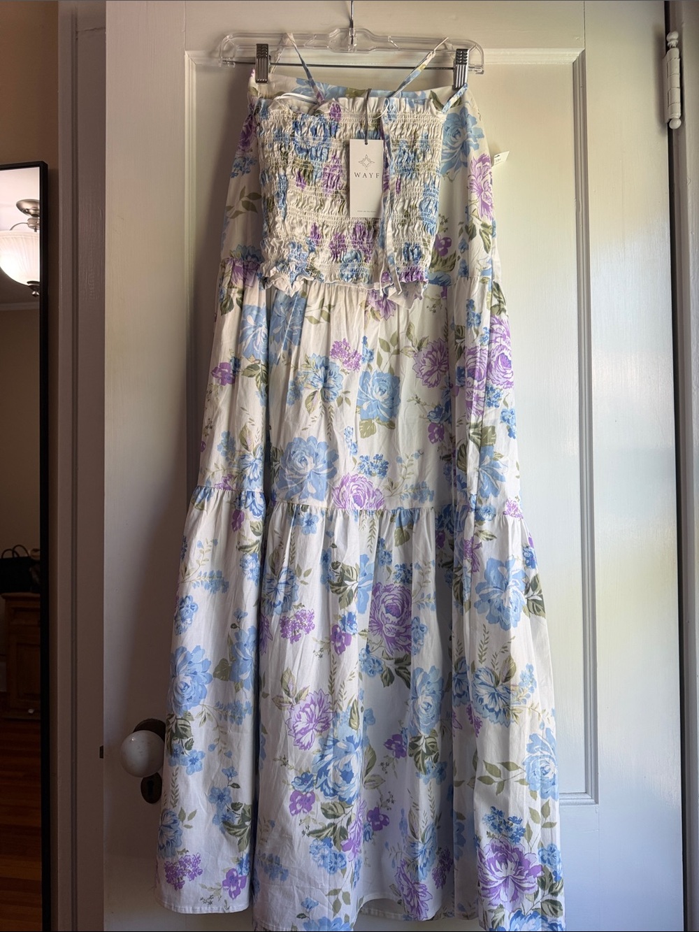 Wayf White Floral Maxi skirt & smocked tie tank with Blue & Purple Blooms